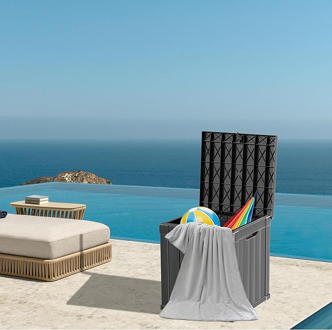 48 Gallon Outdoor Storage Box, Waterproof Resin Deck Box for Patio, Pool, and Garden, Lockable Bin for Cushions, Tools, and Accessories, UV-Resistant, Black-VerdiqueGarden