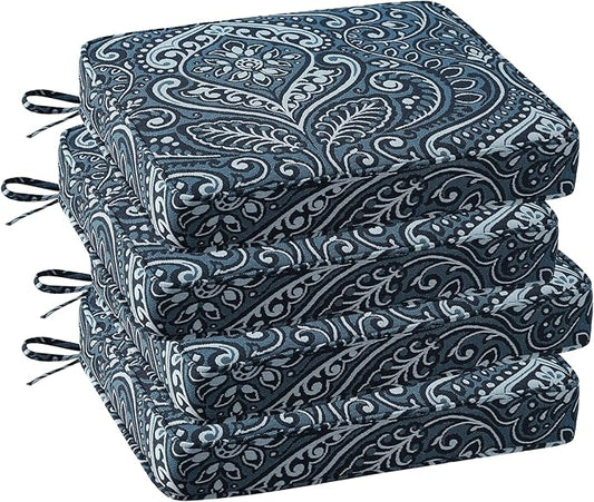 Outdoor Square Corner Seat Cushion, 18.5"x16"x3", Set of 4, Non Slip Seat Cushion Pads with Removable Cover for Patio Furniture, Garden Yard Lawn, Damask Vine-VerdiqueGarden
