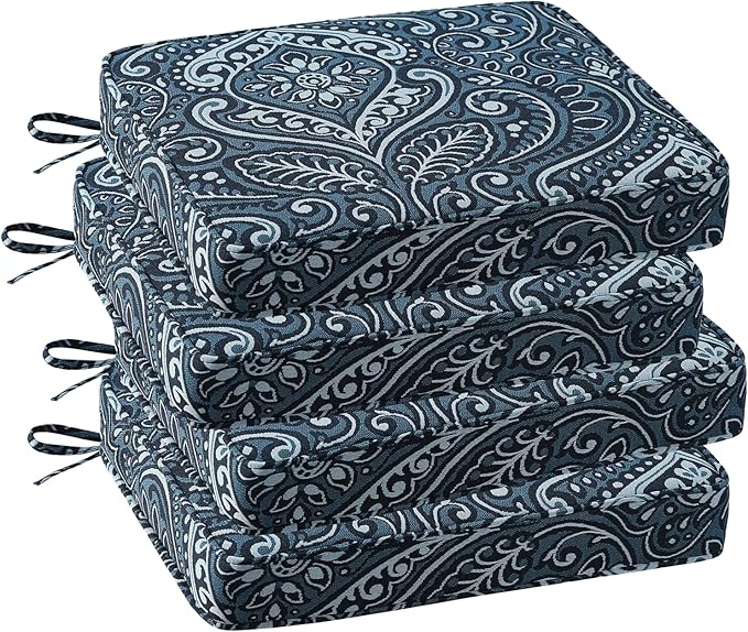 Outdoor Square Corner Seat Cushion, 19"x19"x3", Set of 4, Non Slip Seat Cushion Pads with Removable Cover for Patio Furniture, Garden Yard Lawn, Damask Vine-VerdiqueGarden