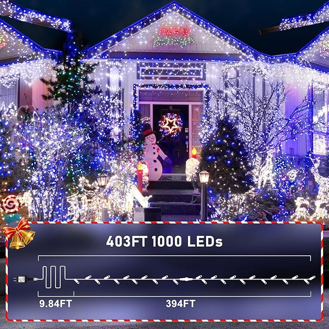 KNONEW 403FT 1000 LED Christmas Lights Outdoor String Light with 8 Modes and Timer Memory Waterproof Fairy Lights Decorations for Xmas Tree Yard Wedding Backdrop Decor(Blue and White)-VerdiqueGarden