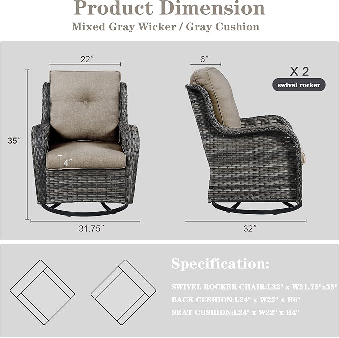 Outdoor Swivel Rcoker Patio Chairs - Outdoor Swivel Patio Chairs Set of 2 Wicker Chair Patio Furniture Sets with Covered Cushion for Porch Deck Balcony Garden, Gray-VerdiqueGarden
