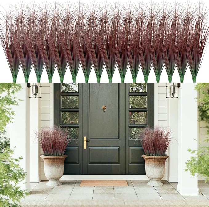 48Pcs Artificial Grass Plants, Faux Shrubs Wheat Grass, Artificial Tall Grasses Fake Plants for Outdoor Decor,Artificial Greenery Stems Weed for Room Indoor Home Decor（Red）-VerdiqueGarden