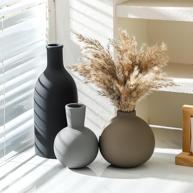 Ceramic Vase Set of 3 | Neutral Vases Home Decor | Modern Flower Pottery Vases Rustic Farmhouse Vase for Table Entryway Mantel Centerpiece Bookshelf Living Room Bathroom Bedroom -Multicolor Large-VerdiqueGarden