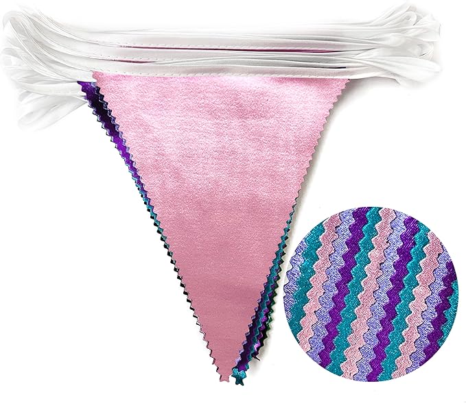 Mermaid Party Decorations Purple Pink and Teal Aqua Metallic Fabric Triangle Pennant Banner Flag Bunting Garland for Mermaid Under the Sea Birthday Wedding Baby Shower Engagement Party Supplies-VerdiqueGarden