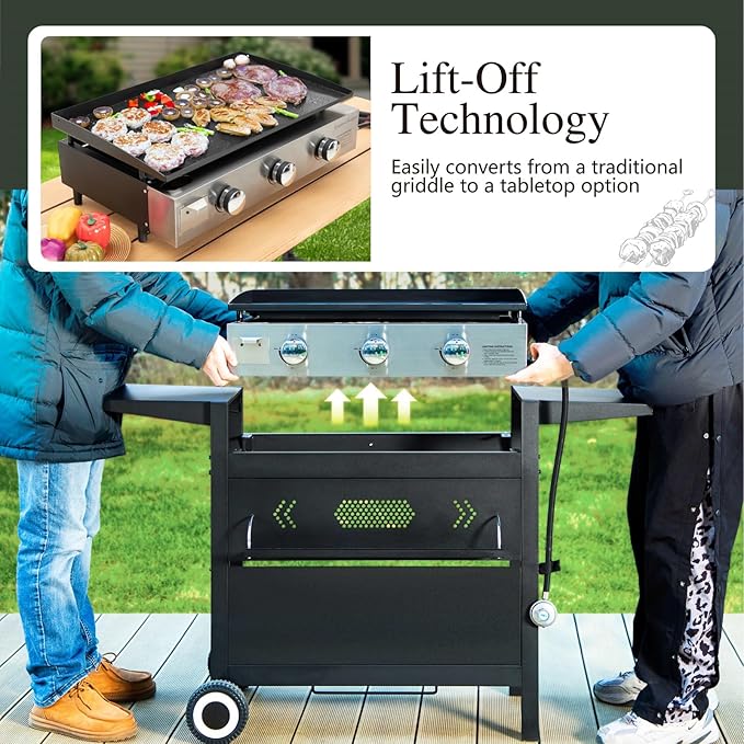 Sophia & William 27-Inch Flat Top Grill with Ceramic Coated Cast Iron Griddle, 3-Burner Propane Gas BBQ Griddle, Portable Outdoor Barbecue Grill,33,000 BTU,Black-VerdiqueGarden