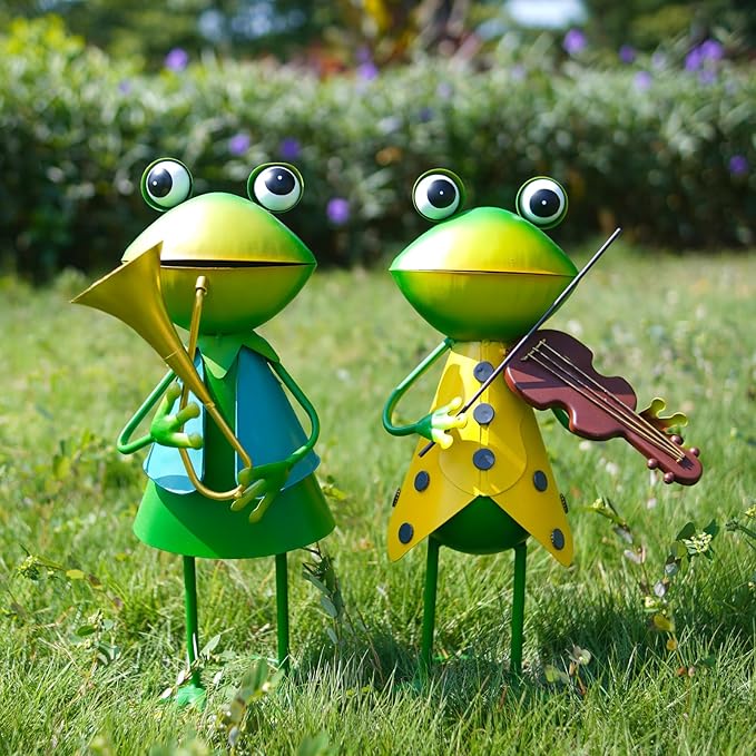 HONGLAND Frog Metal Yard Art - Metal Frog Outdoor Statue - Frog Garden Decorations - 3D Frog Figurine - Christmas Holiday Lawn Patio Yard Garden Decor Gardening Gifts for Women (Violin)-VerdiqueGarden