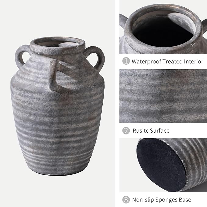 Grey Terracotta Ceramic Vase with Handles, Vintage Rustic Pottery Vases for Table Centerpiece, Cottage Core Home Decor, Large Flower Vases for Bouquet Entryway Mantel Bookshelf Living Room 8.9 Inch-VerdiqueGarden