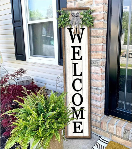 Surfapans Welcome Sign for Front porch Standing 45"X9"Large Wood Frame Outdoor Tall Welcome Signs Vertical Decor for Farmhouse Rustic Home Modern Outside Front Door Wall Decorations (Wood White)-VerdiqueGarden