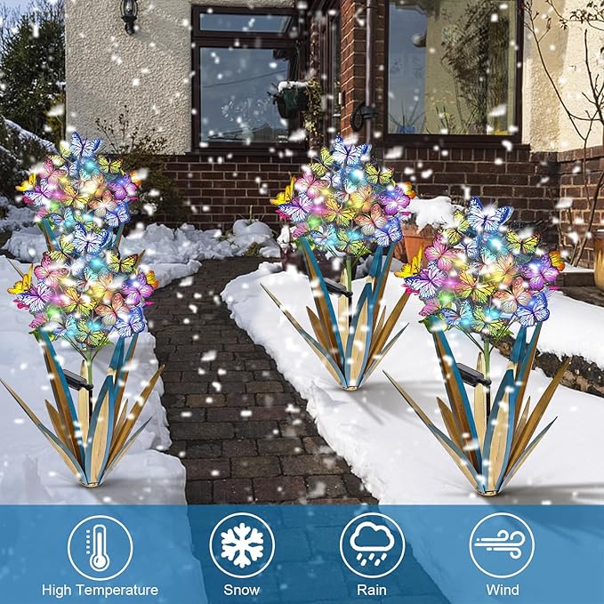 Homight Solar Metal Agave Butterfly Flower Stick Garden Sculpture Outdoor Gift Solar Garden Christmas Lights Swaying Butterfly Sunflower Garden Lights Solar Outdoor (3 PCS Blue)-VerdiqueGarden
