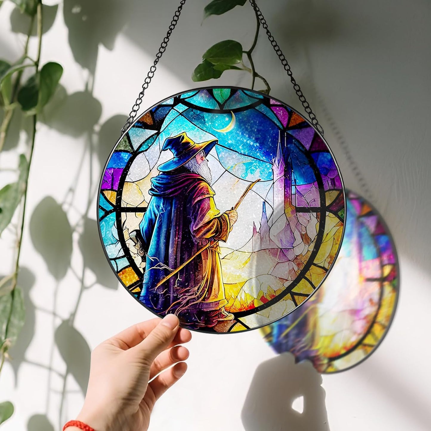 Stained Glass Window Hanging, LAOWEIKI 8'' Witch Suncatcher, Stained Glass Ornament, Suncatchers for Windows Hanging, Window Decor, Outdoor or Indoor, Gifts for Friends-VerdiqueGarden