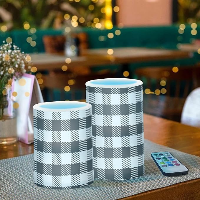 Flickering Flameless Candles, Black White Buffalo Plaid LED Candles with Remote Timer, Set of 2 Battery Operated Candle for Valentine Wedding Birthday-VerdiqueGarden