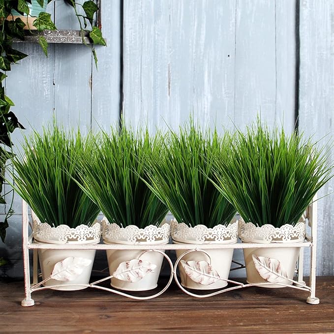 8 Pack Artificial Plants Flowers Grass Shrubs No Fade Faux Plastic Flowers Outdoor for Farmhouse Garden Porch Patio Indoor Wedding Decoration Greenery Fake Plants uv Resistant (3#Green)-VerdiqueGarden