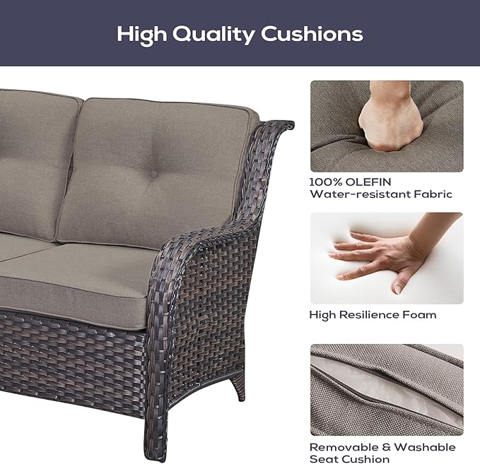 Outdoor Sectional Furniture Sofa Set with Propane Fire Pit Table, Wicker Patio Conversation Set with 2 Swivel Rocker Glider Chairs Grey Cushion Perfect for Backyard Casual Gathering-VerdiqueGarden