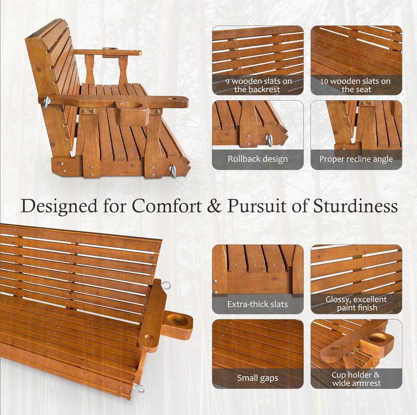 Wooden Porch Swing 2-Seater, Bench Swing with Cupholders, Hanging Chains and 7mm Springs, Heavy Duty 800 LBS, for Outdoor Patio Garden (Warm Teak Color, 5 FT Extra Large)-VerdiqueGarden