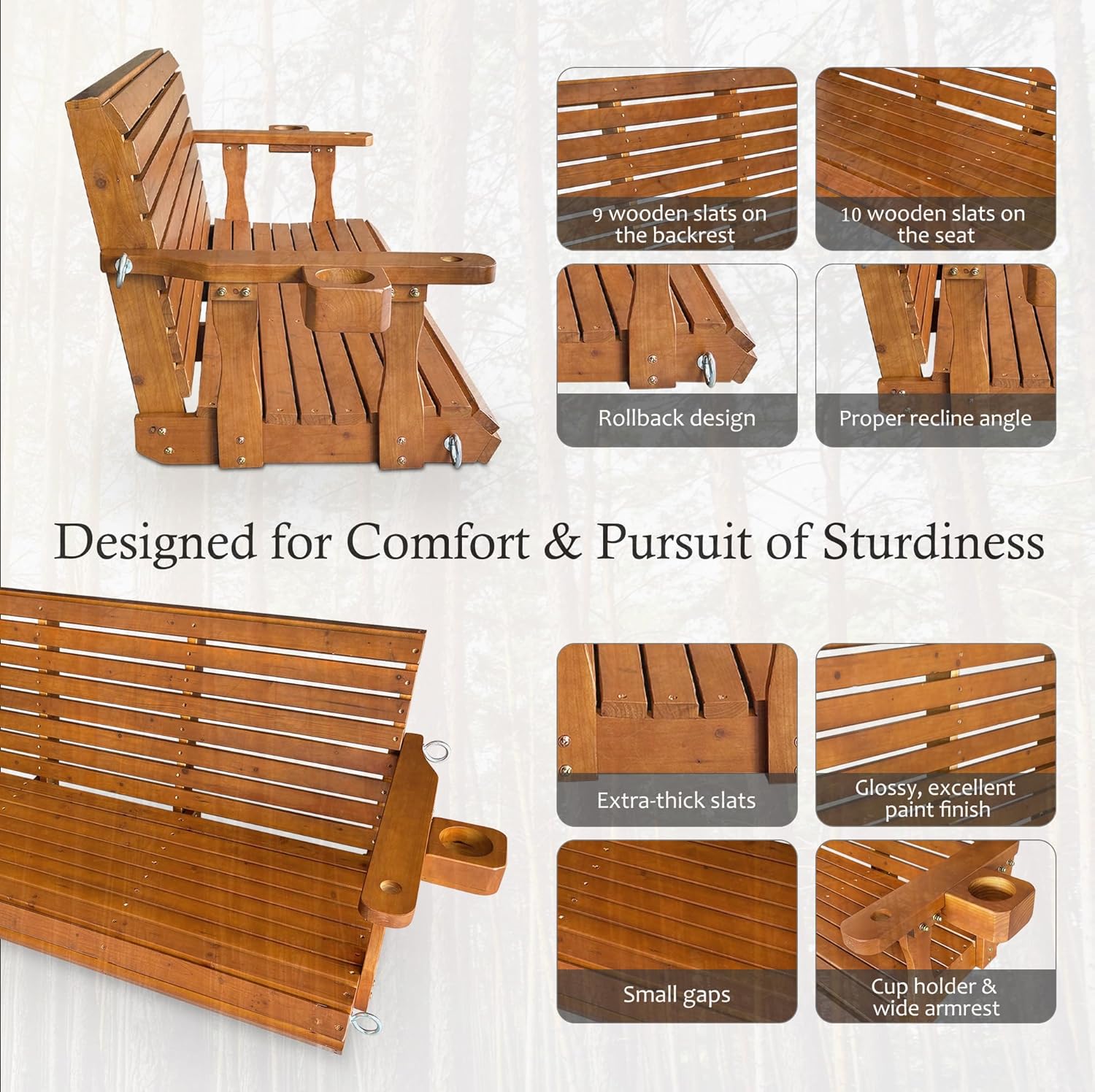 Wooden Porch Swing 2-Seater, Bench Swing with Cupholders, Hanging Chains and 7mm Springs, Heavy Duty 800 LBS, for Outdoor Patio Garden (Warm Teak Color, 5 FT Extra Large)-VerdiqueGarden