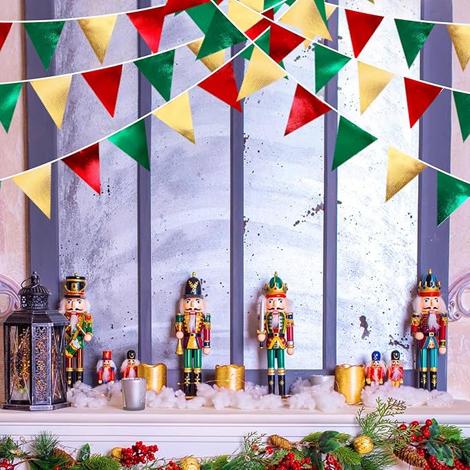 Christmas Party Decorations Triangle Pennant Banner Flag Red Green Gold Metallic Fabric Bunting Garland for Xmas Holiday Wedding Bridal Shower Birthday Bachelorette Graduation New Year Party Supplies-VerdiqueGarden