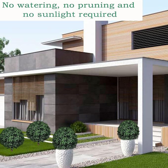 Artificial Boxwood Topiary Ball Tree Outdoor Set of 2,Artificial Boxwood Plants with Ground Spike,Faux Shrubs Fake Evergreen Tree UV Resistant,Diameter 17"-VerdiqueGarden