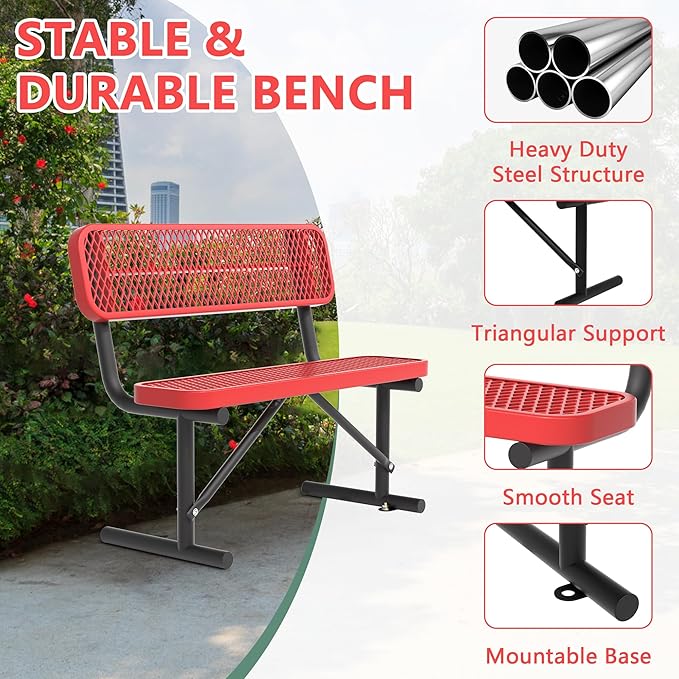 Heavy Duty Park Bench with Back Portable Frame, Outdoor Steel Bench with Backrest, Outdoor Park Bench Expanded Metal Mesh Bench for Lawn, Park, Deck, Garden, Patio, Porch, Black (Red, 4FT)-VerdiqueGarden