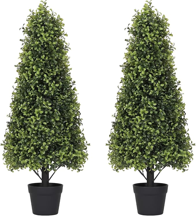 3ft Artificial Boxwood Topiary Trees (Set of 2) - UV Resistant Faux Plants Outdoor, Realistic 36in Fake Cone Bushes and Shrubs for Front Porch, Planter, Patio - Low Maintenance & Evergreen-VerdiqueGarden
