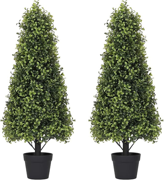 3ft Artificial Boxwood Topiary Trees (Set of 2) - UV Resistant Faux Plants Outdoor, Realistic 36in Fake Cone Bushes and Shrubs for Front Porch, Planter, Patio - Low Maintenance & Evergreen-VerdiqueGarden