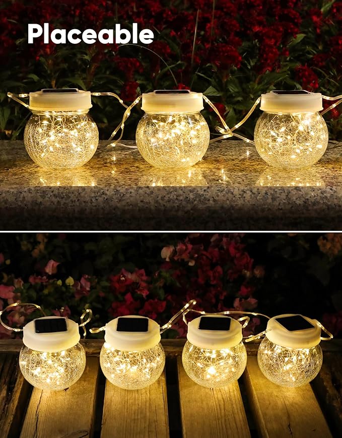 Solar Lantern Solar Lights Outdoor Waterproof 2-Pack, Solar Powered Hanging Lights Cracked Glass Hanging Globes for Christmas Decoration, Shepherd Hook, Garden Tree Ornaments, White Cap, Warm White-VerdiqueGarden