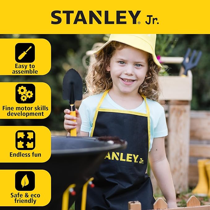 Stanley Jr. Kids Wheelbarrow Set – 6-Piece Durable Toddler Wheelbarrow & Garden Tools – Child Outdoor Toy for Ages 3+ – Fun, Educational Backyard Play with Apron, Gloves & Tools-VerdiqueGarden