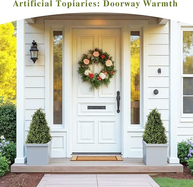 30" Artificial Boxwood Topiary Trees Outdoor Set of 2 - UV Resistant Faux Plants for Front Porch Outside Planter, Realistic Fake Cone-Shaped Bushes & Shrubs 2.5ft-VerdiqueGarden