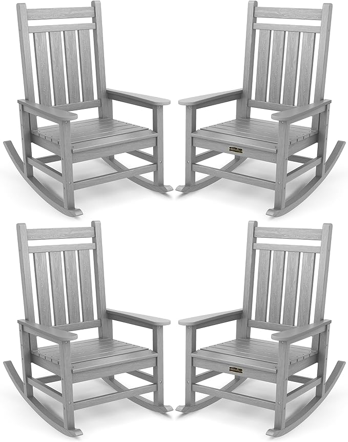 SERWALL Oversized Outdoor Rocking Chair Set of 4, HDPE Rocker for Adults, Patio Rocking Chairs for Porch, Sliver Gray-VerdiqueGarden