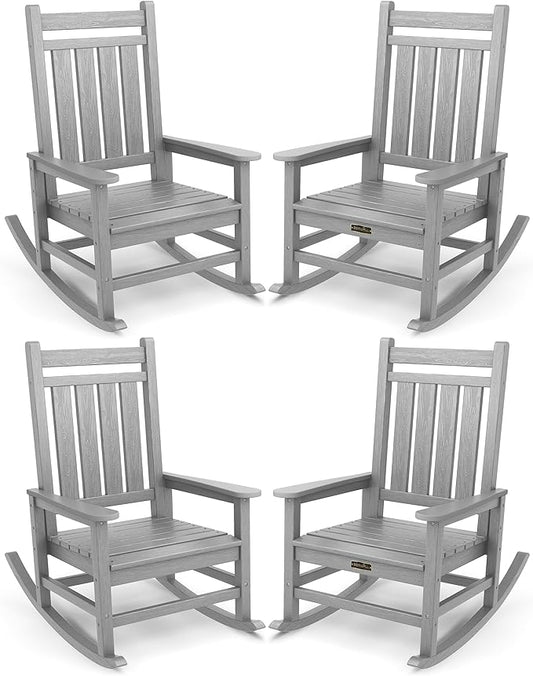 SERWALL Oversized Outdoor Rocking Chair Set of 4, HDPE Rocker for Adults, Patio Rocking Chairs for Porch, Sliver Gray-VerdiqueGarden