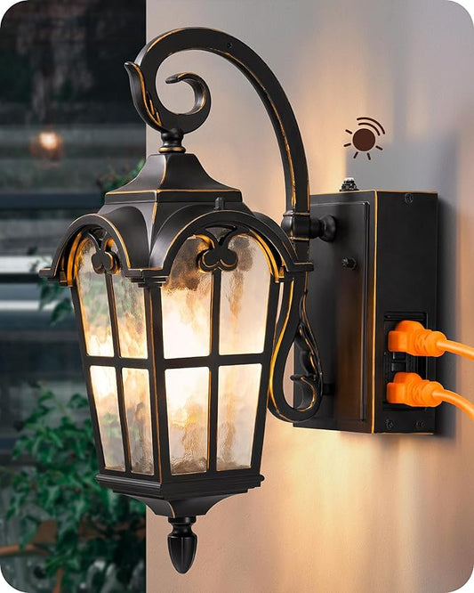 EDISHINE Dusk to Dawn Outdoor Wall Lights, Porch Light Fixture with GFCI Outlet, Exterior Wall Lantern with E26 Socket, Waterproof Outside Wall Sconce Wall Mount Lamp for Front Door, Patio, Garage-VerdiqueGarden