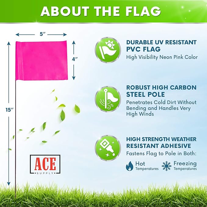 Fluorescent Pink Marking Flags, 100 Pack - 4x5-Inch Marker Flags - 15-Inch Wire - for Lawn, Irrigation, Dog Training, Landscape, Survey-VerdiqueGarden