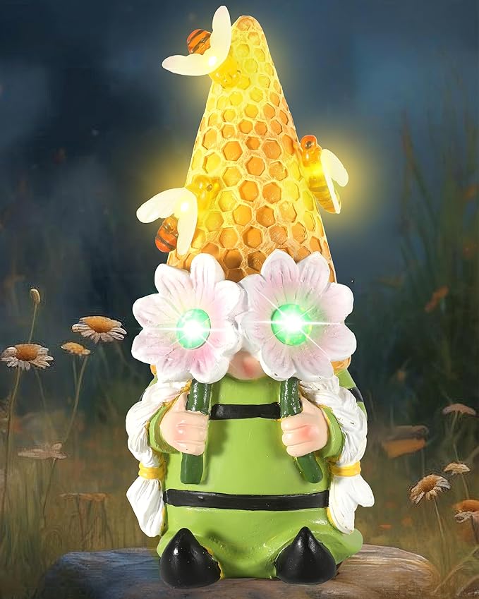 iStatue Solar Garden Gnome Figurine Light with Bees Sunflower, 9.5'' Resin Outdoor Statue for Yard Patio Decor Lawn Ornaments Porch Garden Gifts for Women/Girl (Ms Bee Gnome)-VerdiqueGarden