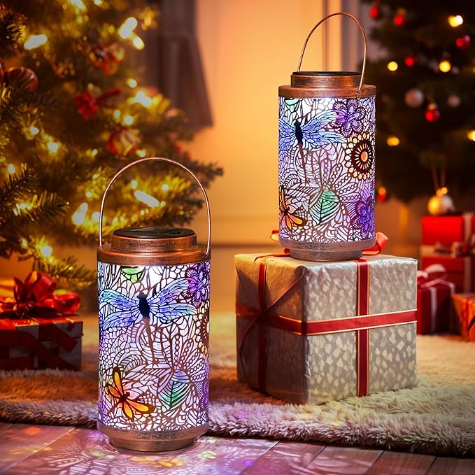 Go2garden 2Pack Solar Outdoor Lanterns Waterproof Dragonfly Garden Gifts for Women Patio Decor Lights Metal Lantern for Yard, Tabletop, Porch, Outside,Mothers Day Gifts for Mom Women-VerdiqueGarden