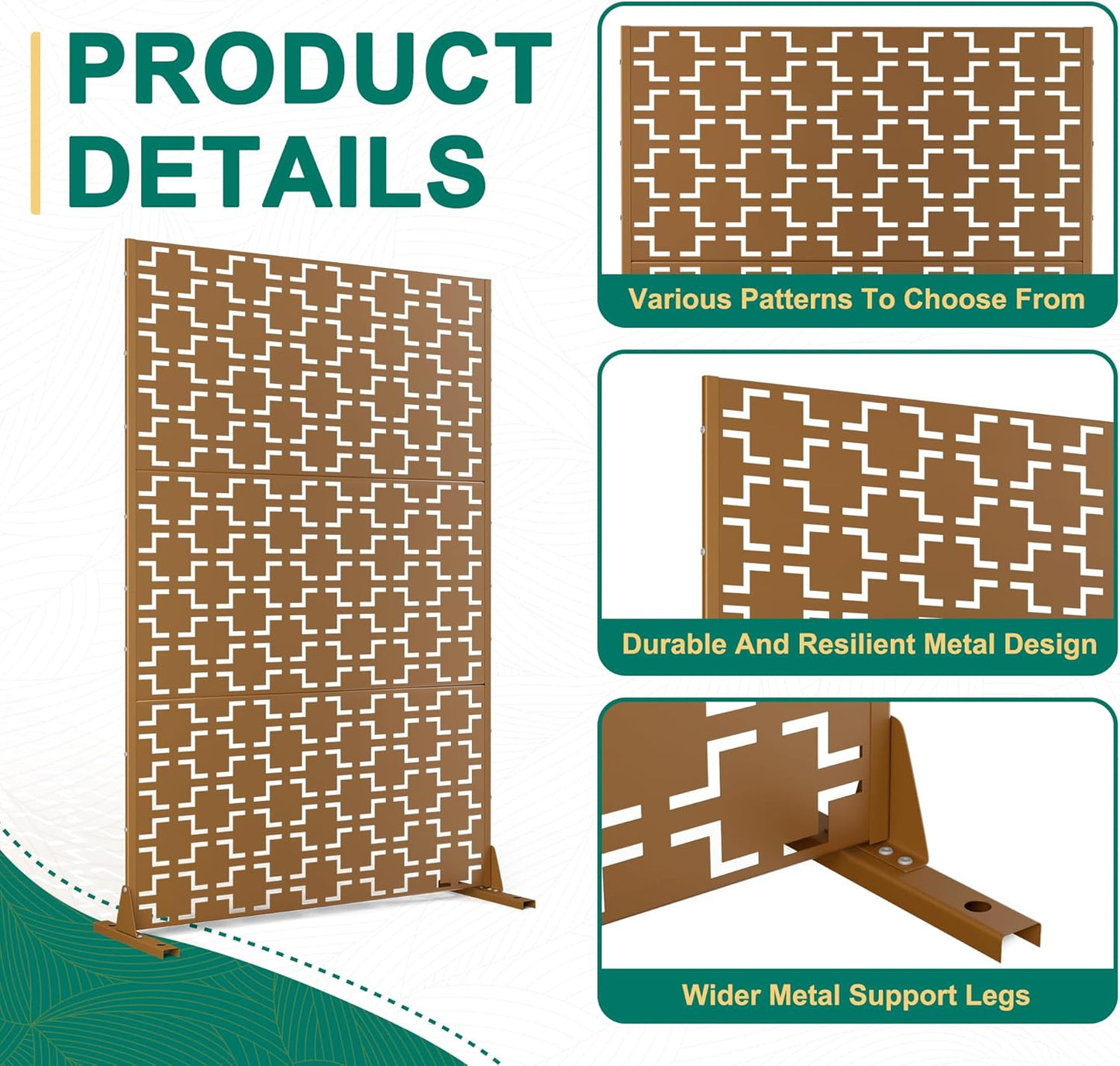 72" H47" W Metal Outdoor Privacy Screen - Freestanding, Decorative Fence (3 Panels)-VerdiqueGarden