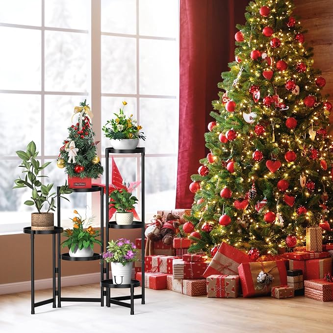 MOKANI Metal Plant Stand Indoor Outdoor for Multiple Plants, 6 Tiered Folding Corner Shelf Tall Flower Pot Holder Display Rack for Patio Living Room Balcony Garden, Black-VerdiqueGarden