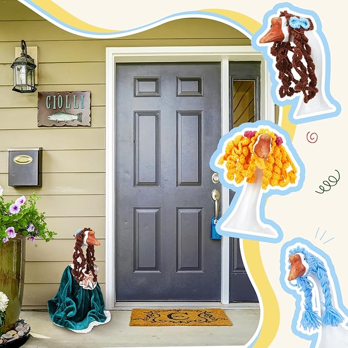 3 Pcs Porch Goose Outfit, Cute Porch Goosey Braid Wig, Crochet Hook Portico Goose Wig for Lawn Goosey Garden-VerdiqueGarden