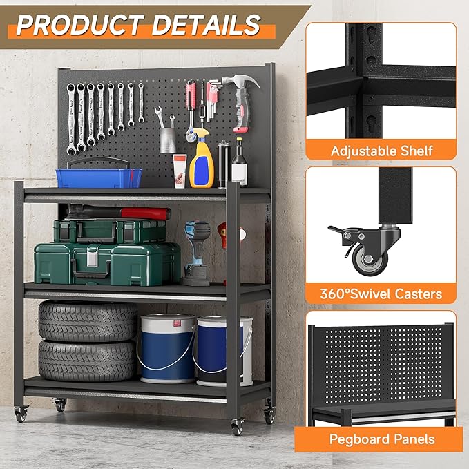 Workbench with Pegboard, Adjustable Heavy Duty Work Table with Wheels, Heavy Duty Workstation, Metal Tool Work Bench for Garage Warehouse Workshop, 48" H x 18" D x 34" W, Black-VerdiqueGarden