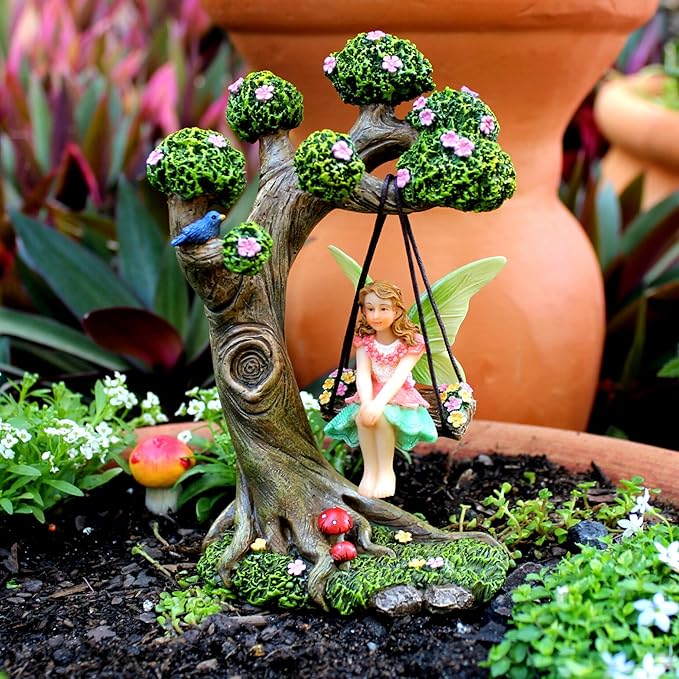 Fairy Garden Accessories Outdoor - Fairy Garden Kit with Fairies for Fairy Garden - Miniatures for an Outdoor Garden, a Fairy Tree Swing, Figurines & Puppy-VerdiqueGarden