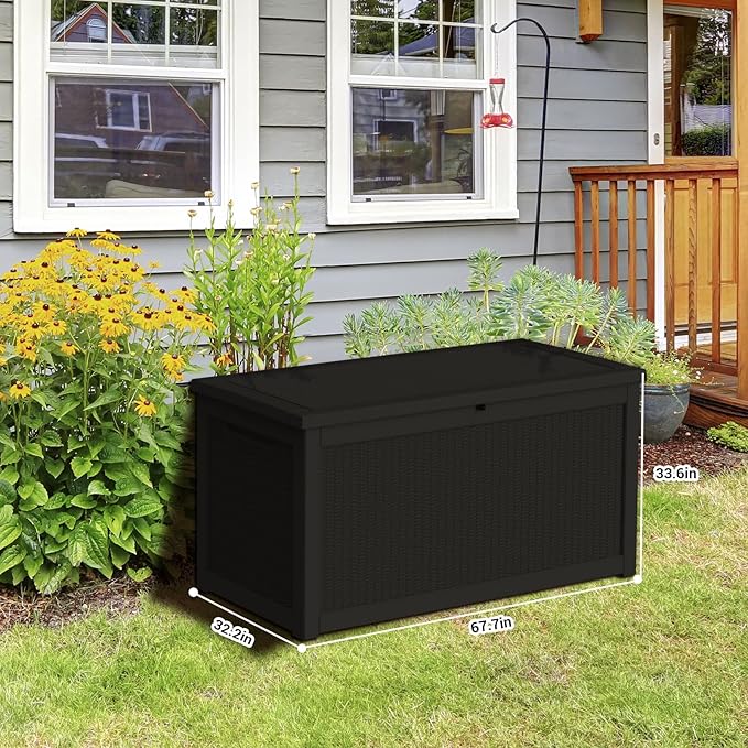 DRATO 260 Gallon Deck Box, Outdoor Large Waterproof Resin Storage Box with Lockable Lid for Patio Cushions, Gardening Tools, Sports Equipment, Black-VerdiqueGarden