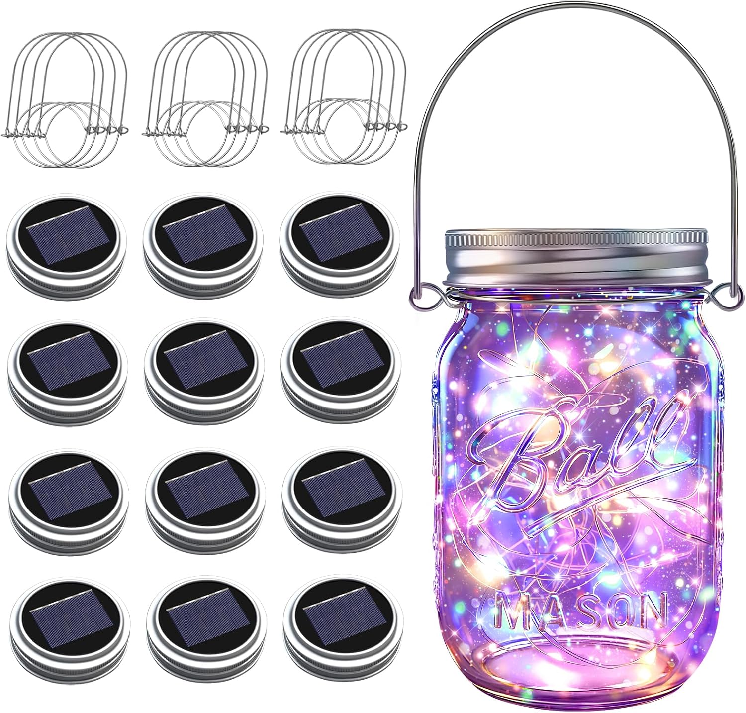 Solar Mason Jar Lights [Upgraded], 12 Pack 30 LED Firefly Fairy String Lights, Waterproof Outdoor Solar Mason Jar Lid Lights with Hangers(NO JARS) for Patio Garden Yard Wedding Decoration - Multicolor-VerdiqueGarden