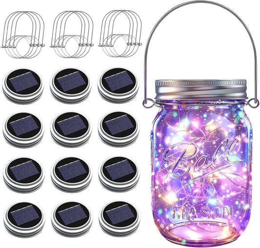Solar Mason Jar Lights [Upgraded], 12 Pack 30 LED Firefly Fairy String Lights, Waterproof Outdoor Solar Mason Jar Lid Lights with Hangers(NO JARS) for Patio Garden Yard Wedding Decoration - Multicolor-VerdiqueGarden