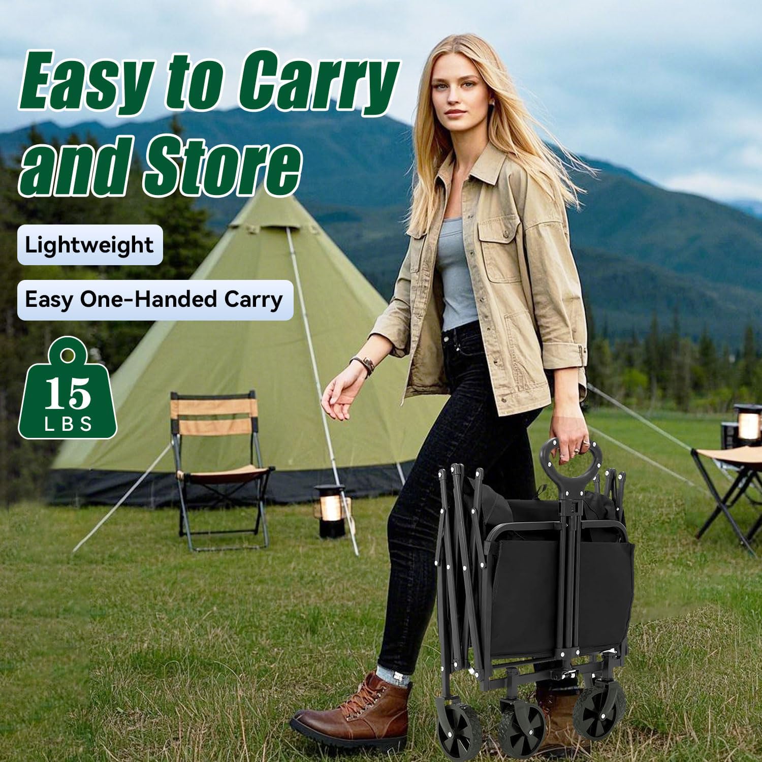 Collapsible Wagon Cart Foldable 37" L 480lbs Capacity, Heavy Duty Beach Wagon, Shopping Carts with Wheels for Grocery, Camping, Shopping, Beach, Fishing, Garden Cart-VerdiqueGarden