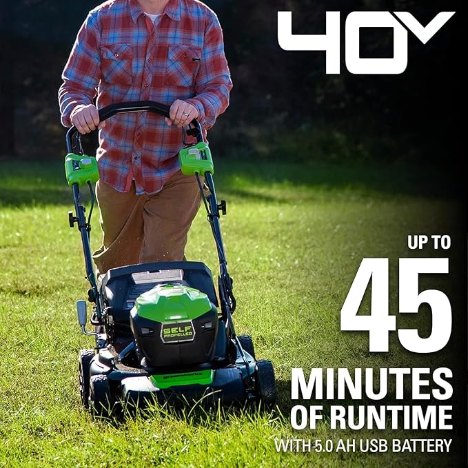 Greenworks 40V 21" Self-Propelled Lawn Mower,Axial Leaf Blower(500 CFM / 120 MPH),13" String Trimmer, 160 PSI Portable Tire Inflator, Includes 2 Batteries(5Ah+2Ah) & Chargers-VerdiqueGarden