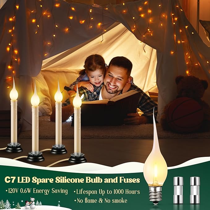 Enhon 4 Pack Rustic Country Candle Lights with Replacement Silicone Bulb, C7 0.6W Electric LED Christmas Window Candles Plug in, UL Certification Warm White Candlestick Lamp, 5 FT Cord, On/Off Switch-VerdiqueGarden