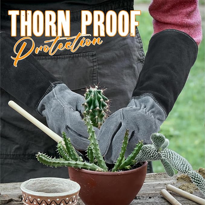 HANDLANDY Long Gardening Gloves for Men & Women, Cowhide Leather Rose Pruning Gloves, Breathable Thorn Proof Gauntlet Glove (Dark Grey-Black, L)-VerdiqueGarden