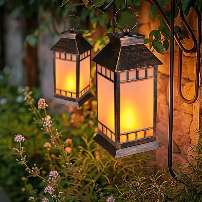 18'' Glass Solar Lantern Outdoor Waterproof, Large Hanging Solar Lanterns with Flickering Flame Lights, Metal Outdoor Lantern Decorative for Patio Garden Backyard Tabletop, Vintage Bronze-VerdiqueGarden