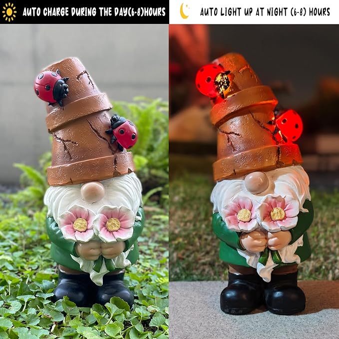 Garden Gnome Statues Outdoor Decor, Solar Gnomes with LED Lighted Flowers, Solar Resin Outdoor Statue Sculpture, for Woman Gift Home and Garden Decor-VerdiqueGarden