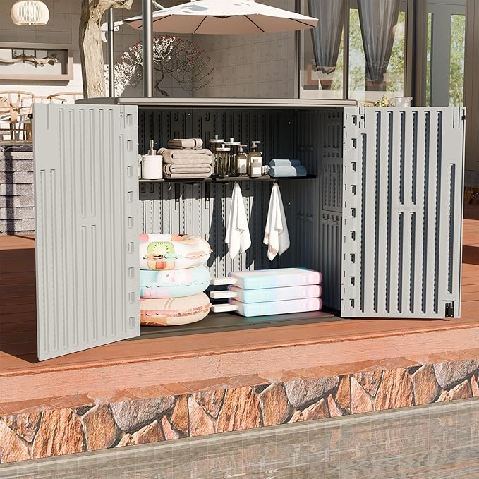 HOMSPARK 37 Cu.Ft Outdoor Storage Shed Weather Resistant, Resin Storage Sheds & Outdoor Storage Box for Backyard Garden Patio Lawn, Multi functional | Double-wall Shed with Lockable Doors,(Light Gray)-VerdiqueGarden