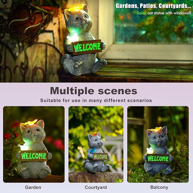 Solar Cat Figurine Garden Statues : Outside Welcome Cat Statue with Butterfly for Garden Decor and Yard Decorations - Unique Gifts for Women and Mom-VerdiqueGarden