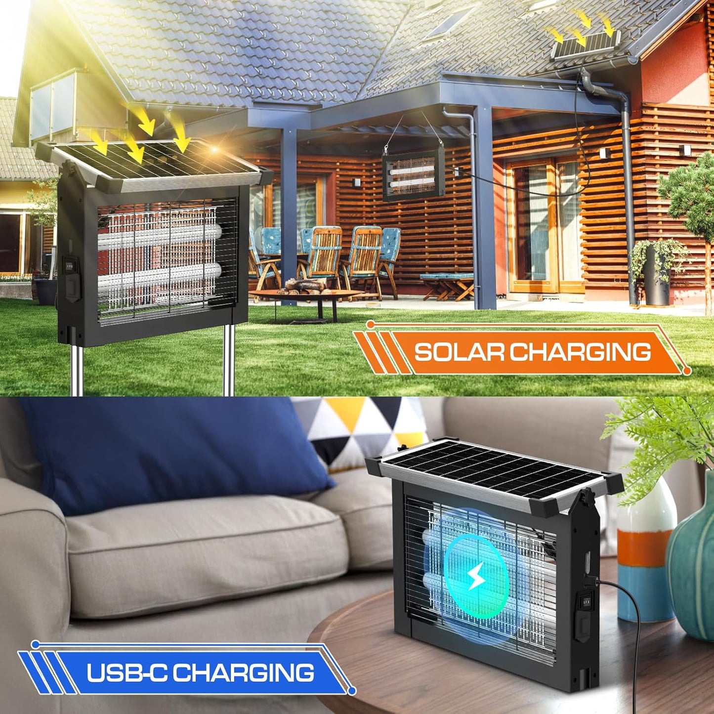 Solar Bug Zapper Outdoor Waterproof, Jepwe 4500V Cordless Bug Zapper Outdoor Large, Rechargeable Mosquito Killer & Fly Zapper, Solar Powered Insect Trap for Garden, Patio, Backyard, Indoor Use-VerdiqueGarden